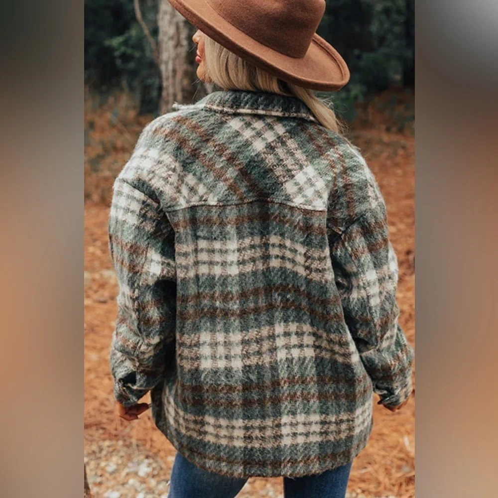 Plaid Women's Jacket in Green Brown Button Up Pockets Fall Woods Cozy Size XL